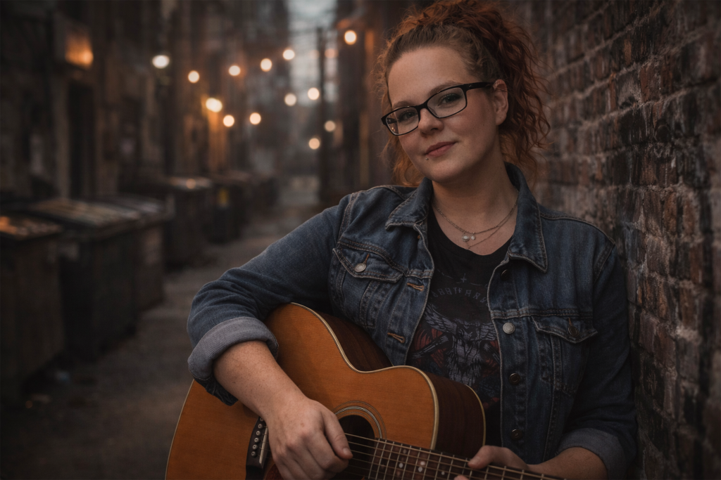 Mandi Zane country rock artist standing in an alley holding an acoustic guitar wearing a denim jacket and glasses